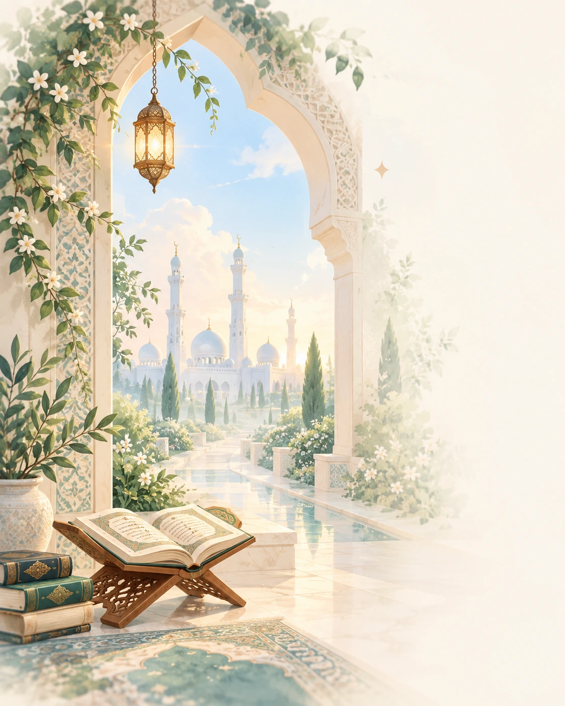 رسم لقوس مزخرف يطل على مسجد وحديقة، وأمامه مصحف مفتوح على حامل خشبي وكتب وفانوس